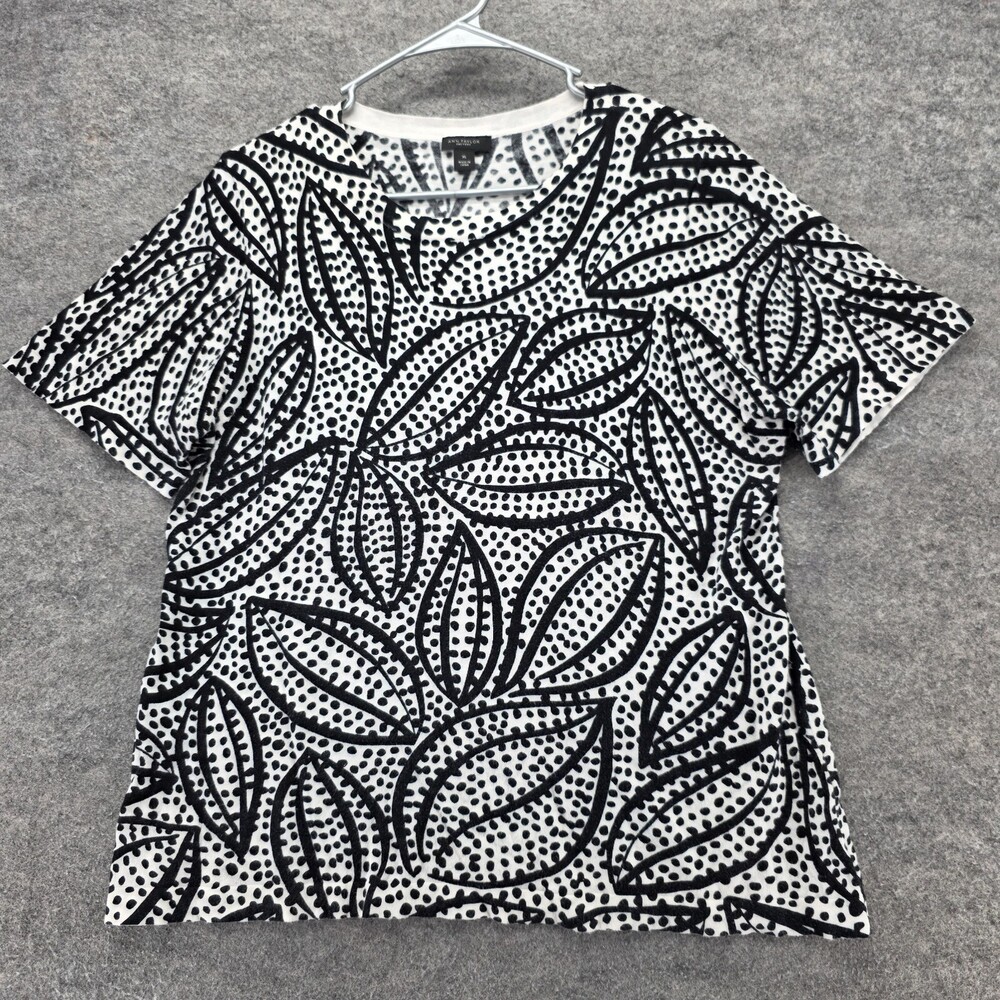 Ann Taylor Shirt Womens XL Short Sleeve Black White Floral